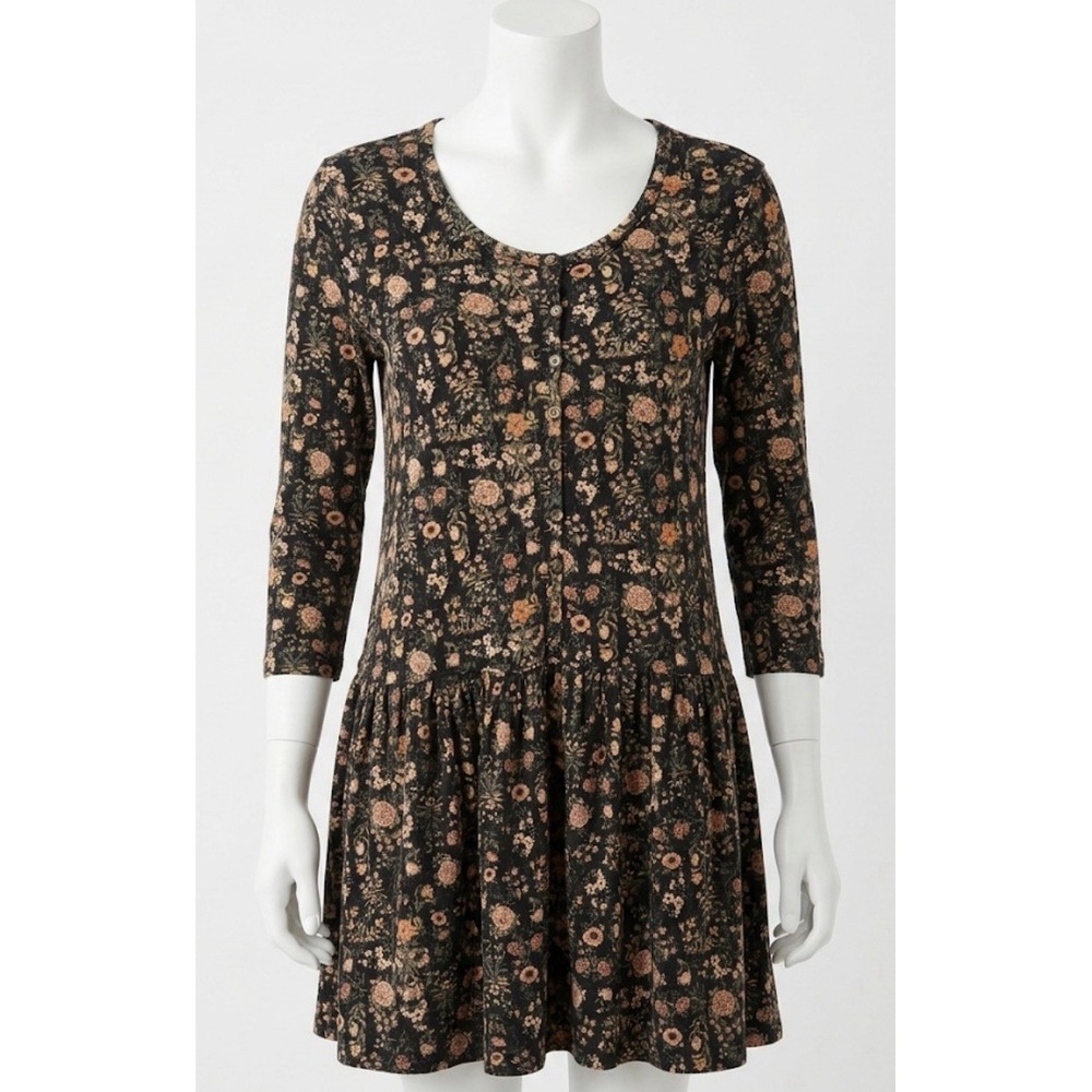 PERUVIAN CONNECTION Alpine Flower Tunic Dress S Pima Cotton Modal 3/4 Sleeve